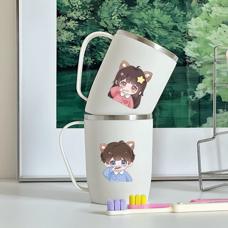 304不锈钢情侣漱口杯高颜值抗菌刷牙杯儿童牙刷杯牙缸洗漱杯牙具 304【刷牙男孩+刷牙女孩】情侣款