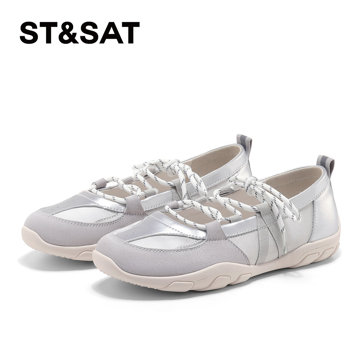 星期六(St&Sat)2026春季新款浅口复古单鞋网面百搭透气绑带软底豆豆芭蕾舞鞋子女 银色 37