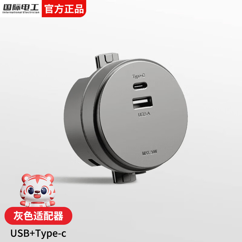 国际电工镂空轨道插座带开关移动轨道插排极简家用厨房餐边柜过载保护插板 灰色-单个USB/Type-C适配器