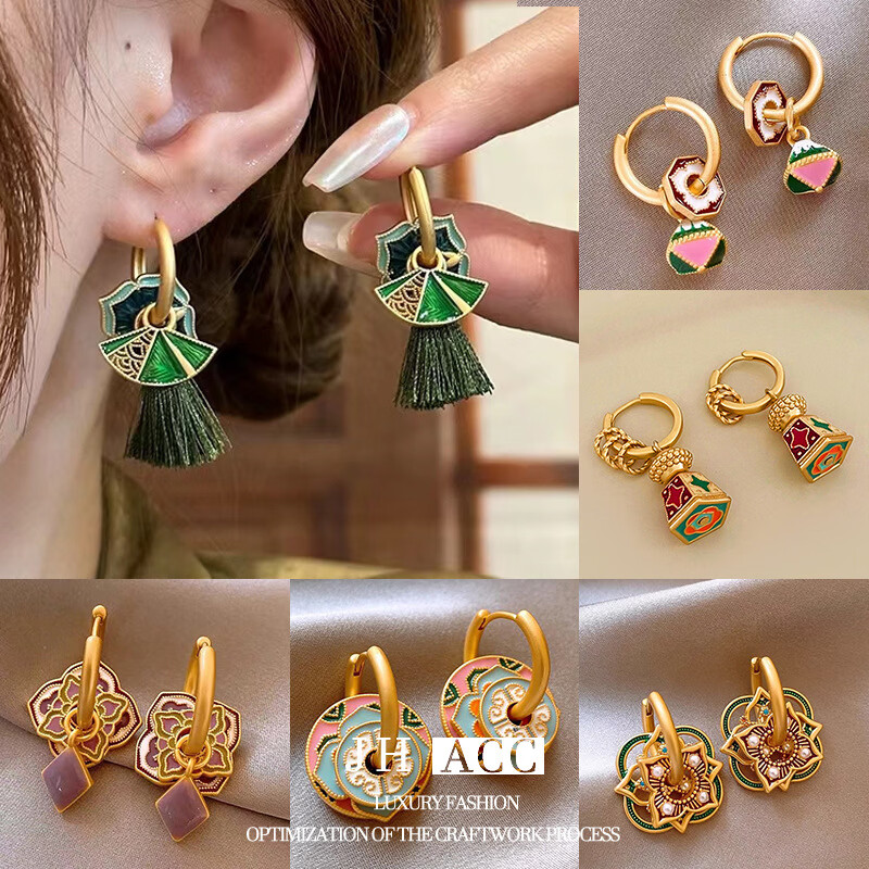 佳焰s925国潮珐琅扇子耳环女彩绘多戴设计新款高级感礼物女生 珐琅彩色滴釉花形耳环