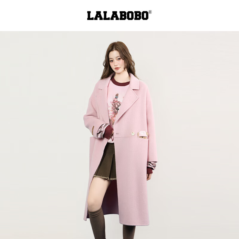 LALABOBO【商场同款】中长款呢子大衣25年秋新原创高级巨好看经典女装外套 粉色 S