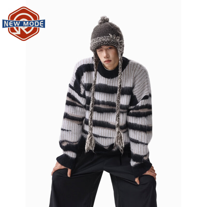 NEW OR MODE美式马海毛条纹套头毛衣男冬季新款保暖宽松休闲情侣百搭圆领上衣 黑色 M 【建议90-110斤】