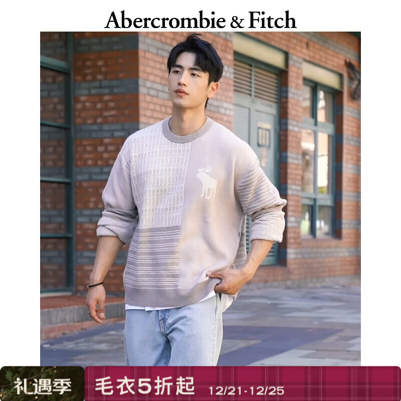 Abercrombie &amp; Fitch经典大麋鹿图案美式保暖经典套头毛衣针织衫25秋冬男装120-5181 灰色图案 M (180/100A)