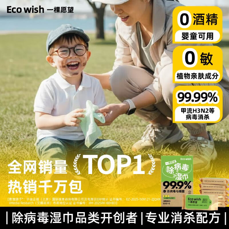 ECOWISH【热销千万包】除病毒湿巾6抽/包 便携清洁0酒精甲流乙流病毒消杀 2盒(到手12包)【9折 尝鲜装】