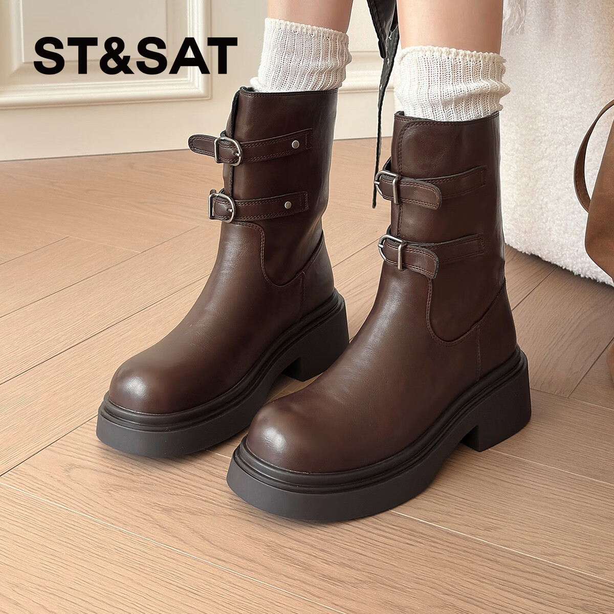 星期六黑色短靴女款2025新款冬季超火机车骑士短靴巨好看厚底增高马丁靴 棕色 37