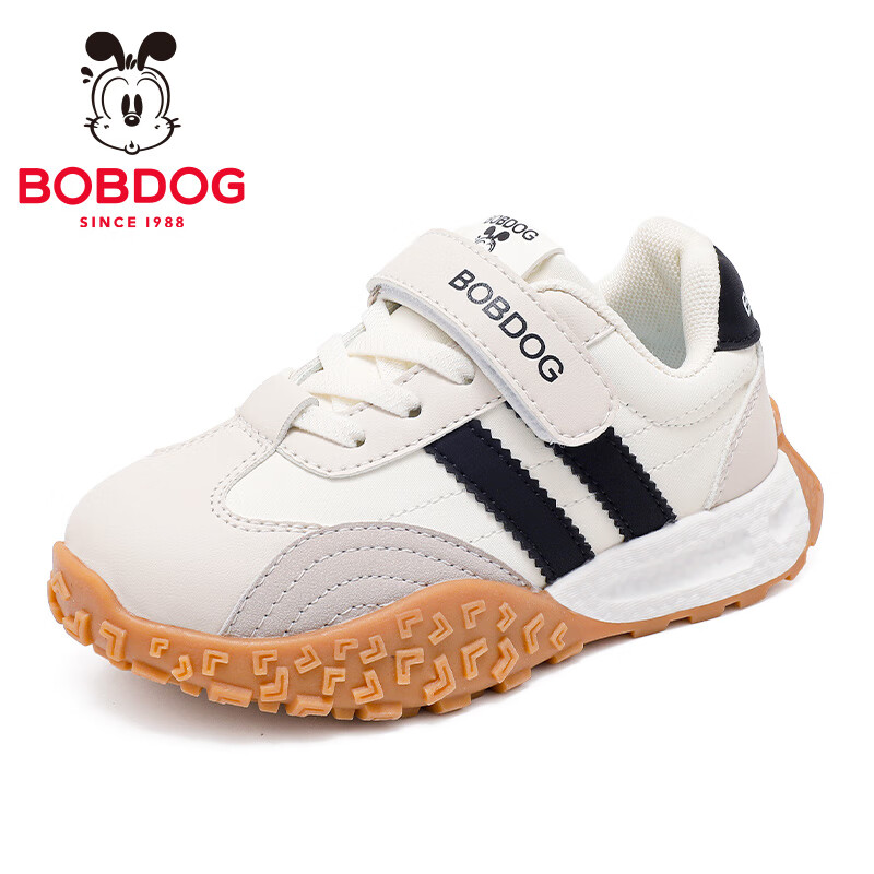 巴布豆（BOBDOG）童鞋男童2025冬季舒适百搭跑鞋加绒保暖二棉鞋低帮休闲二运动鞋女 米/黑53106(革面) 26 适合脚长15.6cm