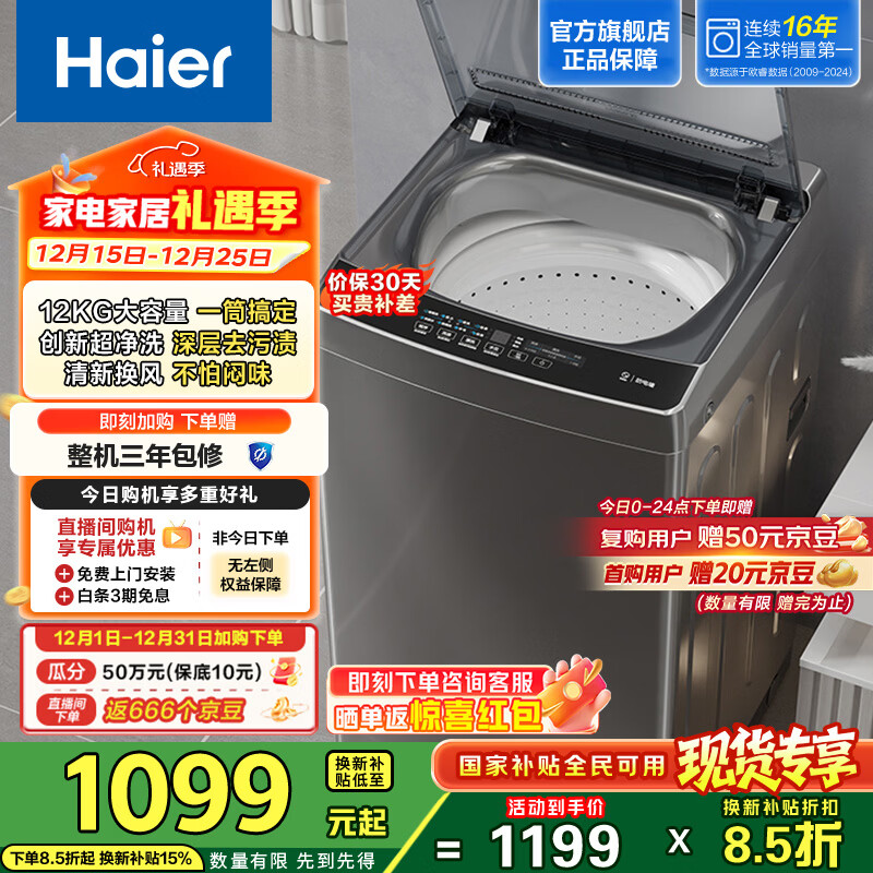 海尔（Haier）波轮洗衣机全自动家用 12公斤大容量 家电国家补贴 以旧换新 除螨抗菌 去渍洗 EB120Z33Mate1