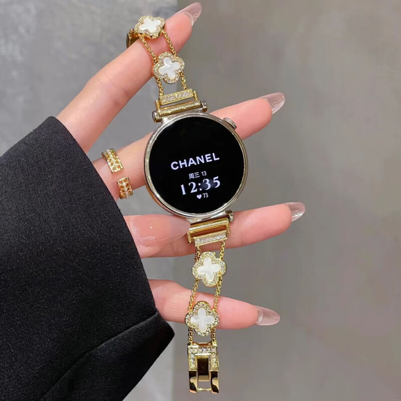 适用华为watch5手表带新款gt6细款四叶草链条感女款表带 四叶草-黑黑【表带】 华为Watch5 46mm