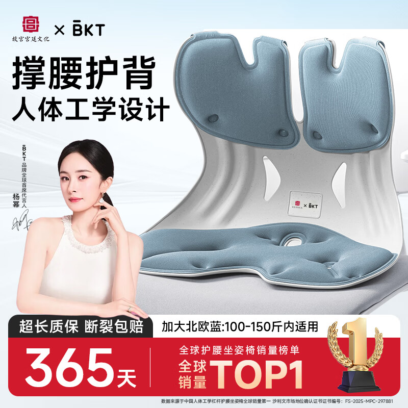 BKT护腰坐垫椅垫久坐神器人体工学腰靠垫美臀靠背垫汽车透气坐垫 加大北欧蓝【150斤以内】