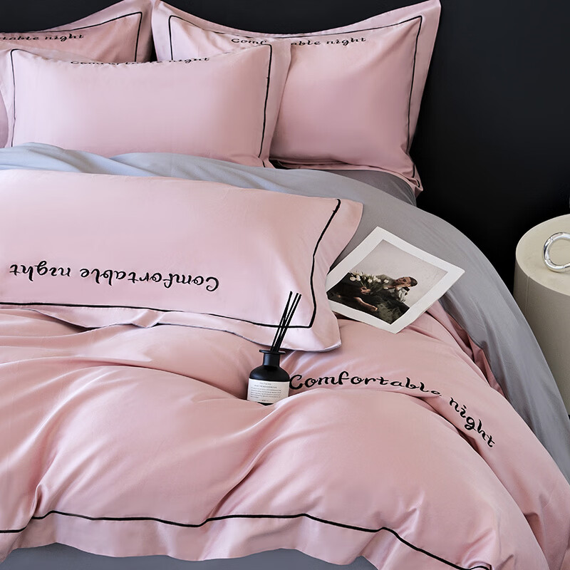 水星家纺床上四件套纯棉高端轻奢A类被套罩长绒棉贡缎床单床笠款床品 奶茶+浅灰 1.8m 床笠款 被套加大四件套 【被套220x240cm】