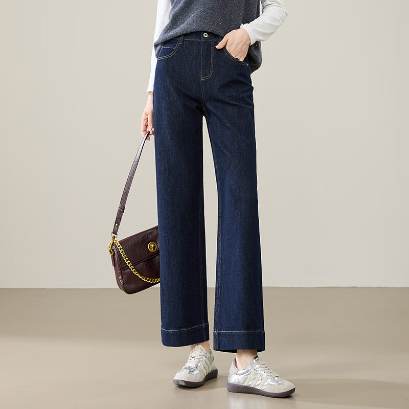 逸阳（ESE-Y）宽边复古小个子直筒牛仔裤女2026年春季新款修身显瘦烟管裤子 深蓝色 小个子162以下 34