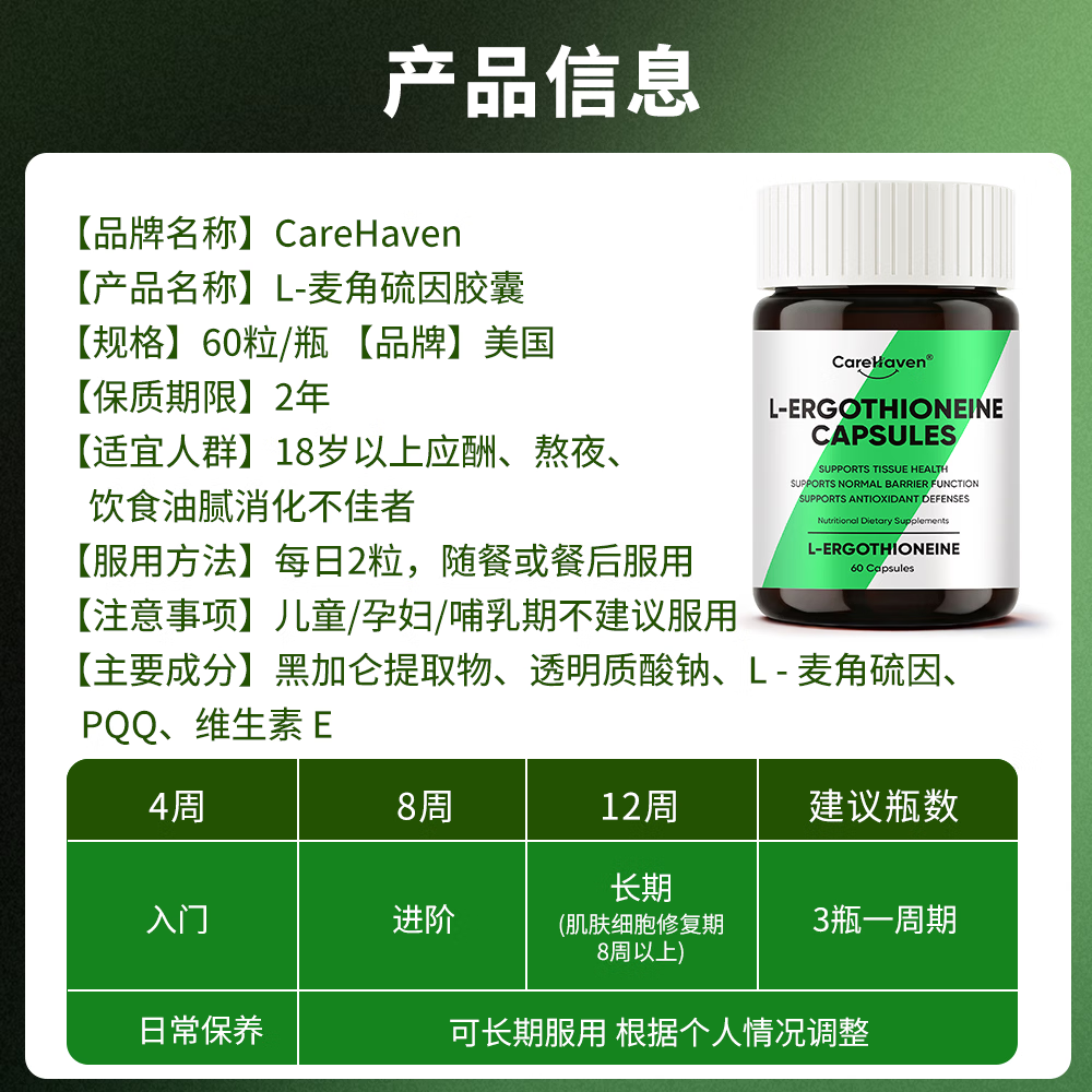 CareHaven【香港直邮】美国进口高纯度麦角硫因胶囊养颜美白抗衰淡斑祛纹 60粒*1瓶