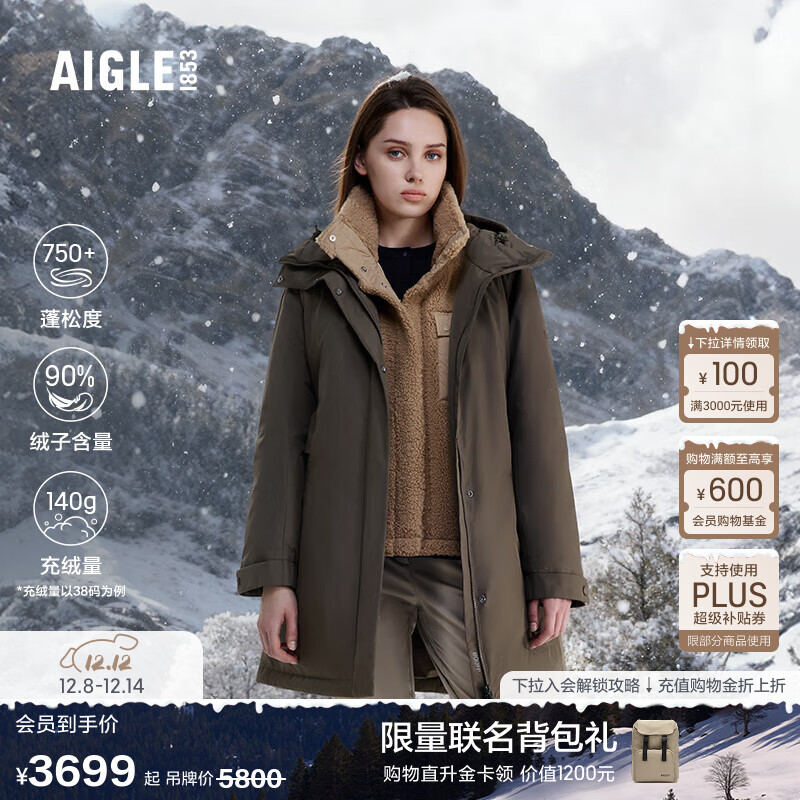 AIGLE艾高羽绒服GORE-TEX防风加厚保暖白鹅绒女士 雪松啡 BD213 M (38) (165/88A)