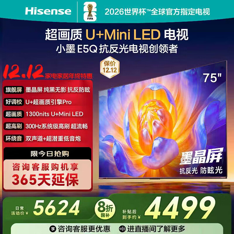 海信电视E5Q 75英寸 超画质U+Mini LED墨晶屏 300Hz高刷 DeepSeek AI智能 E5N升级款 75英寸 【标准版】
