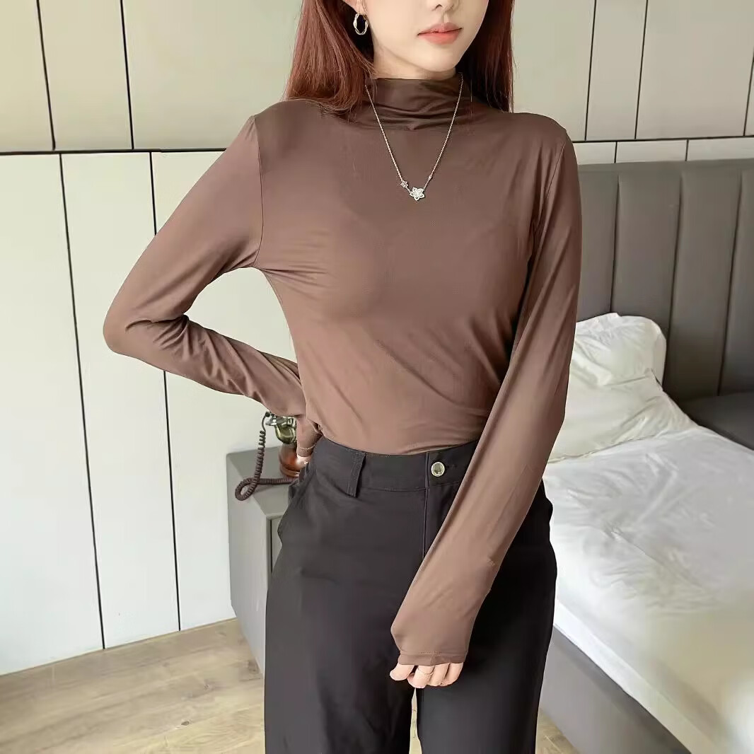 【精选】九色半高领面膜打底衫女春秋莫代尔女士亲肤修身百搭上衣 黑色 L 【80-110斤】