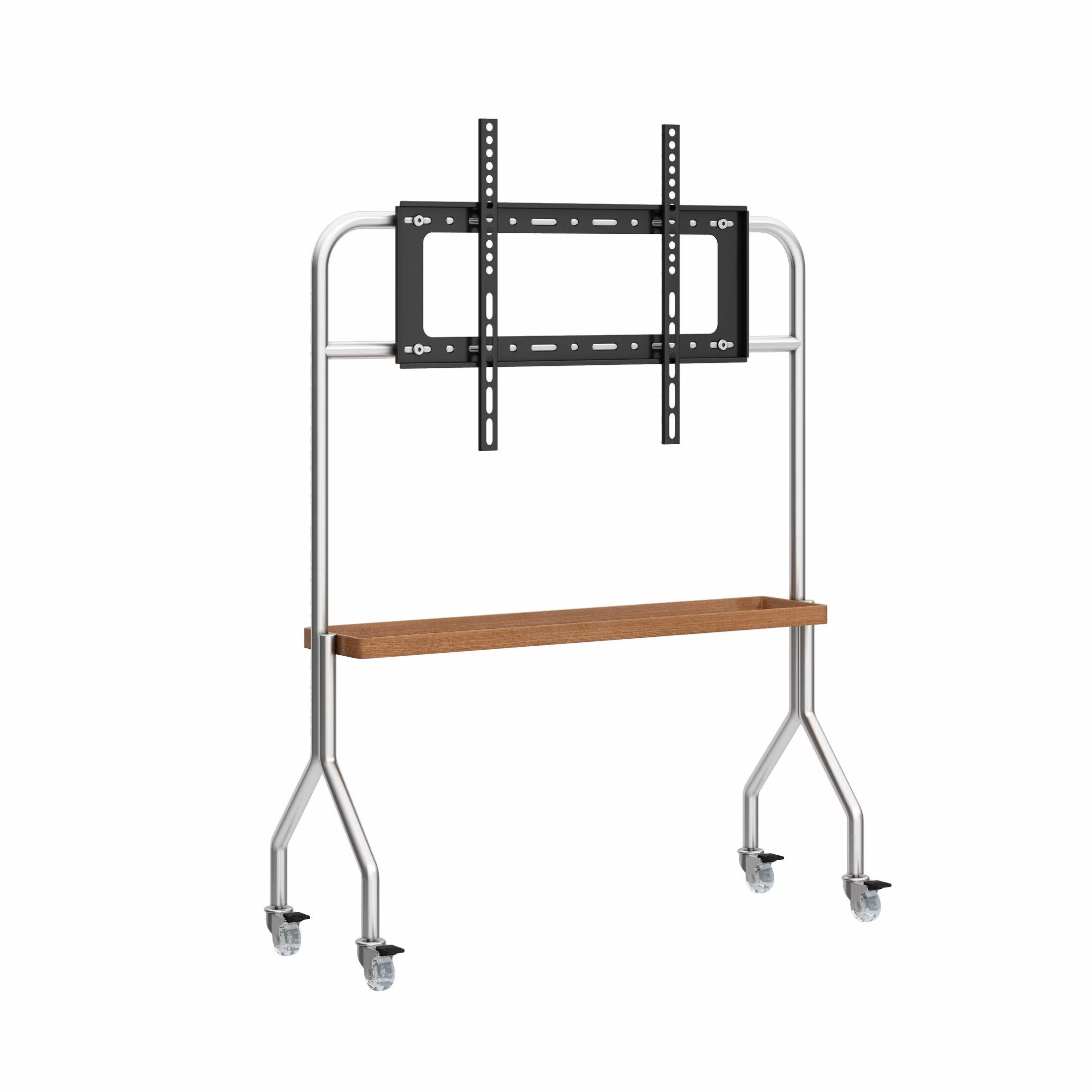 双幼电视可移动支架客厅卧室会议室通用不锈钢简约43-75寸落地式挂架 不锈钢架+胡桃木色+水晶轮【单层】