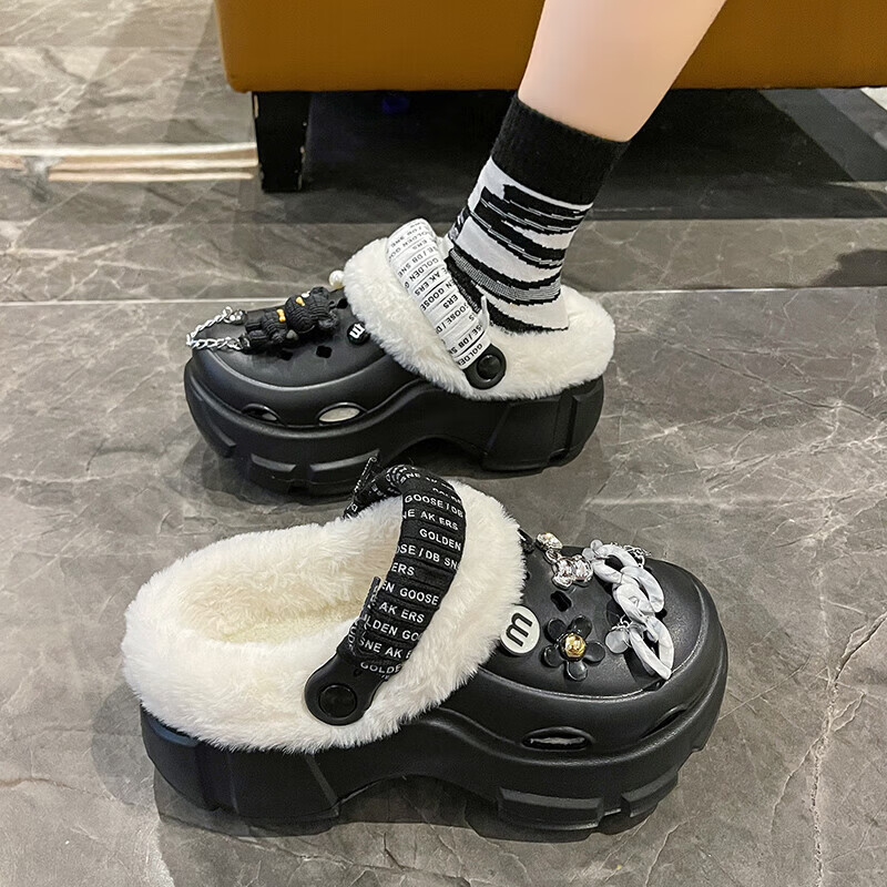 【精选】洞洞鞋女加绒外穿2024秋冬新款可拆卸厚底可爱包头保暖棉 白色【绑带】可拆卸棉套 34 -35