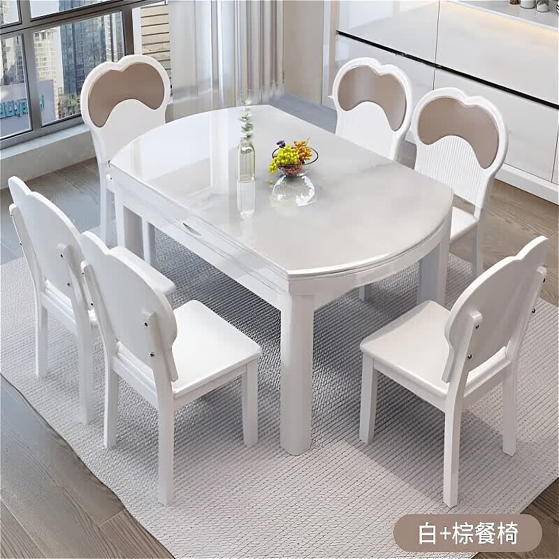 梵森荣2026新款微晶石餐桌椅组合家用现代轻奢可伸缩可变圆桌高端饭桌 1.5米6椅 包安装