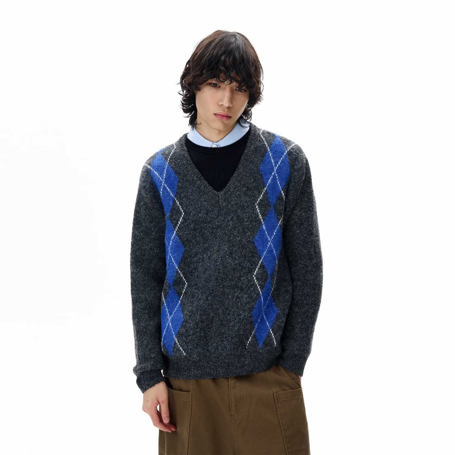 尾郎的店 美式复古羊毛混纺学院风菱格毛衣男高级感V领针织衫情侣新年 灰色 M
