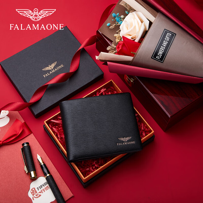 FALAMAONE法莱阿玛尼品牌钱包男士真皮短款头层牛皮情人节生日礼物送老公 头层牛皮204-1【实木礼盒】 代写贺卡打印照片联系客服