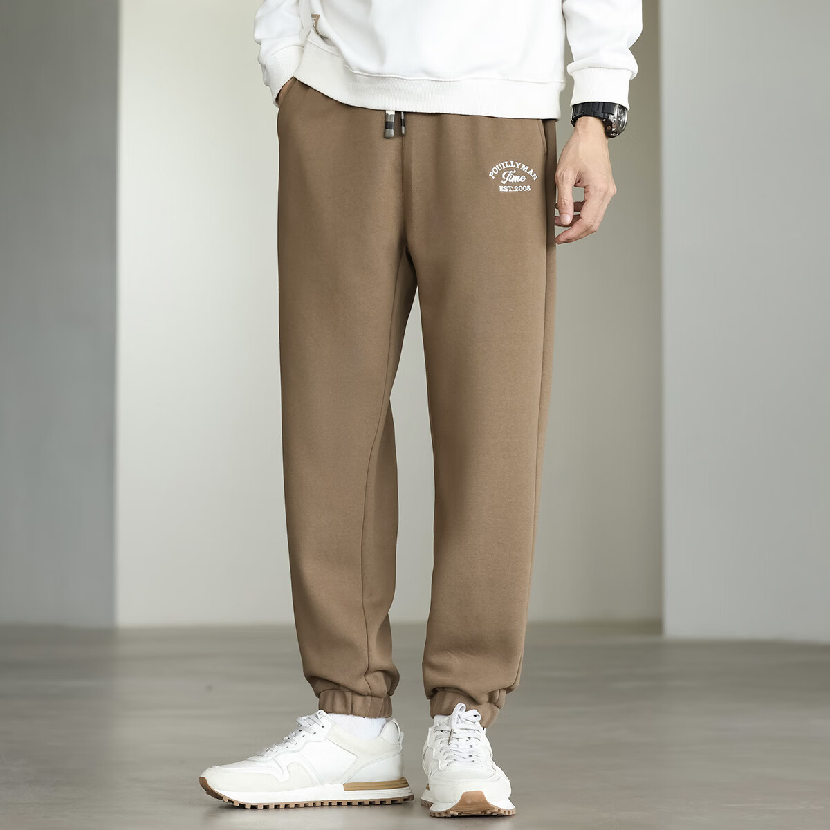 布衣传说微阔束脚裤松紧腰抽绳针织休闲裤卫裤男长裤男式休闲裤 卡其 XL