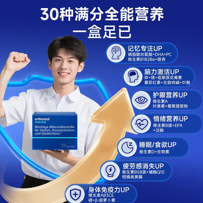 奥适宝（ORTHOMOL）神经酸鱼油补脑DHA大脑营养mental满分营养包 ps磷脂酸鱼油考研公 【30天基础版】mental脑部营养 30袋*1盒