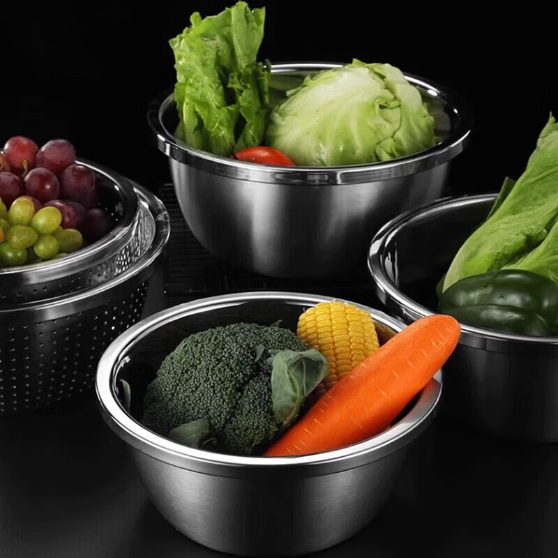 金汤银饺升级款奥氏体不锈钢厨房用品套装家用洗菜盆和面盆油盆打蛋盆 22+24+26cm三件套【发三个】