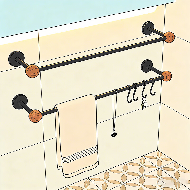 尔思家卫生间毛巾架墙上免打孔壁挂式置物架浴室吸盘式浴巾架厨房抹布架 原木色50cm【进口实木】