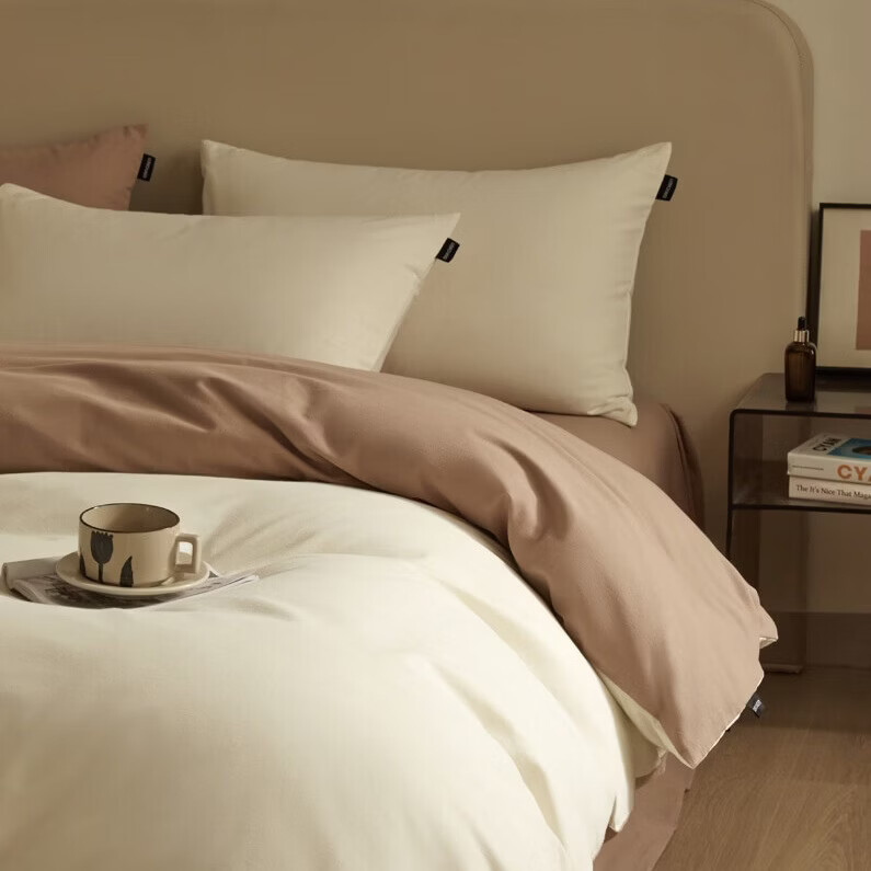 VJE简约全棉磨毛四件套100棉床单被套轻奢纯棉学生宿舍亲肤4件套 纯厚（奶白+棕） 三件套1.2m 床单款 （被套150*200cm）