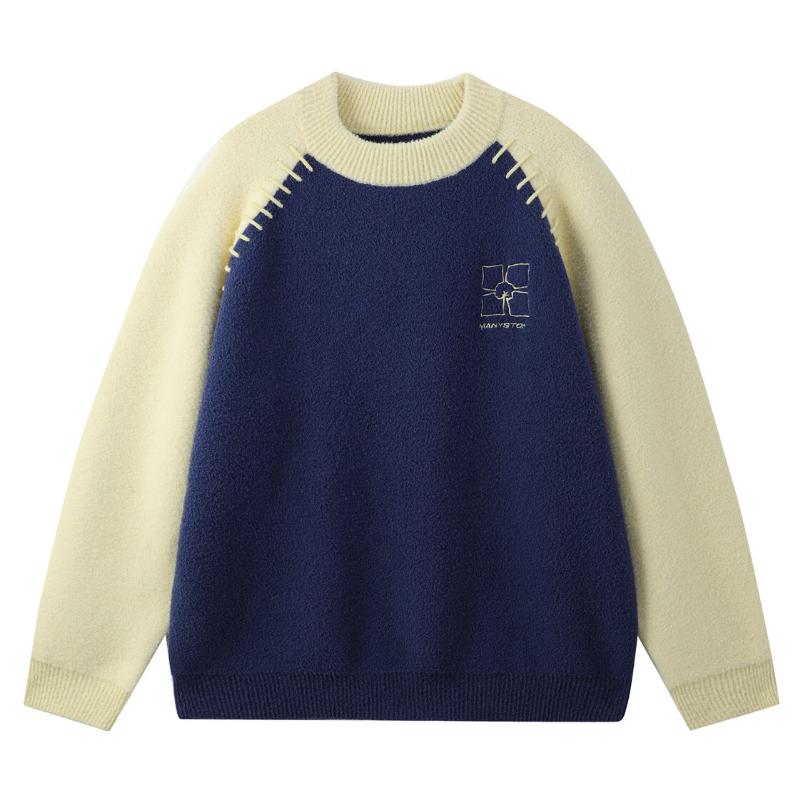 MANYSTON美式圆领套头毛衣男生款秋冬季潮牌情侣宽松青少年针织衫上衣 藏青色 2XL