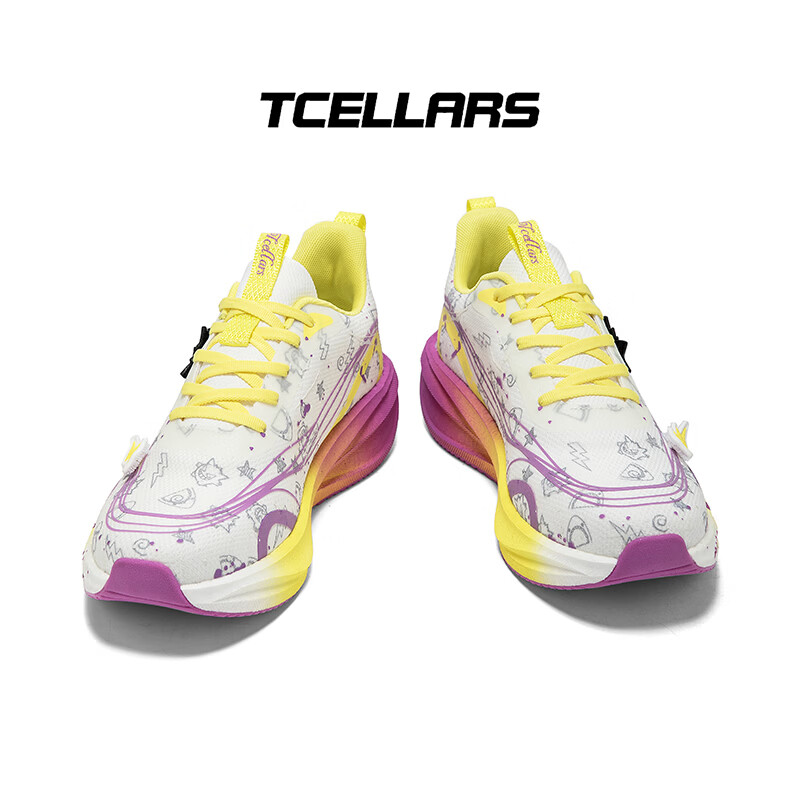 Tcellars跑步鞋春季2026新款透气运动鞋男鞋厚底耐磨减震回弹青少年跑鞋 荧光紫黄 39