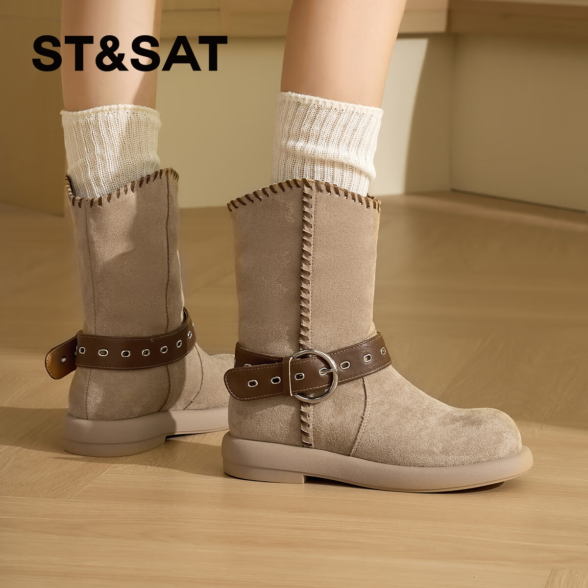 星期六厚底马丁靴女款2025新款秋冬季棕色美拉德靴子西部牛仔短靴 杏色 【时尚百搭】跟高3cm 35