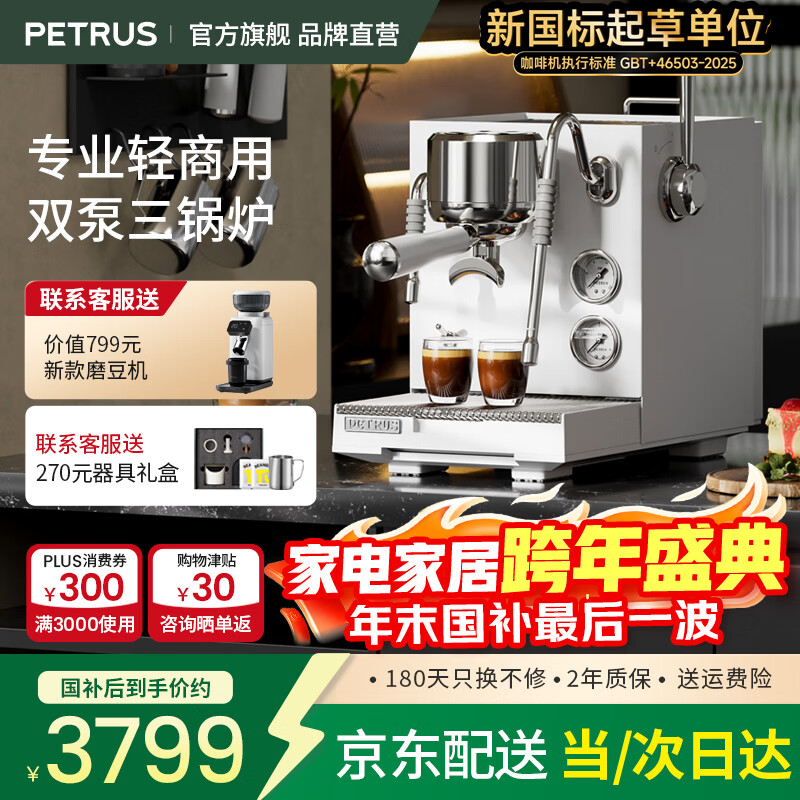柏翠意式半自动咖啡机三锅炉双泵全半自动家用商用小型浓缩蒸汽打奶泡机 PE3900 圣诞礼物 海盐白