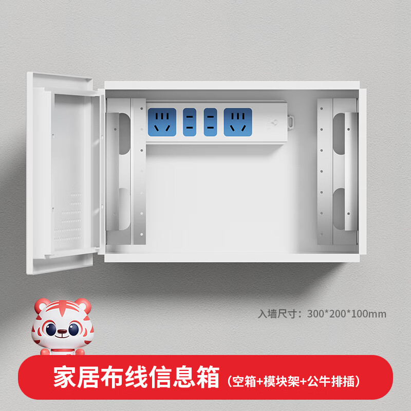 国际电工弱电箱家用盖板多媒体入户信息箱网络布线箱工地空箱塑料门大空间 300*200*100普通空箱+模块架+公牛排插