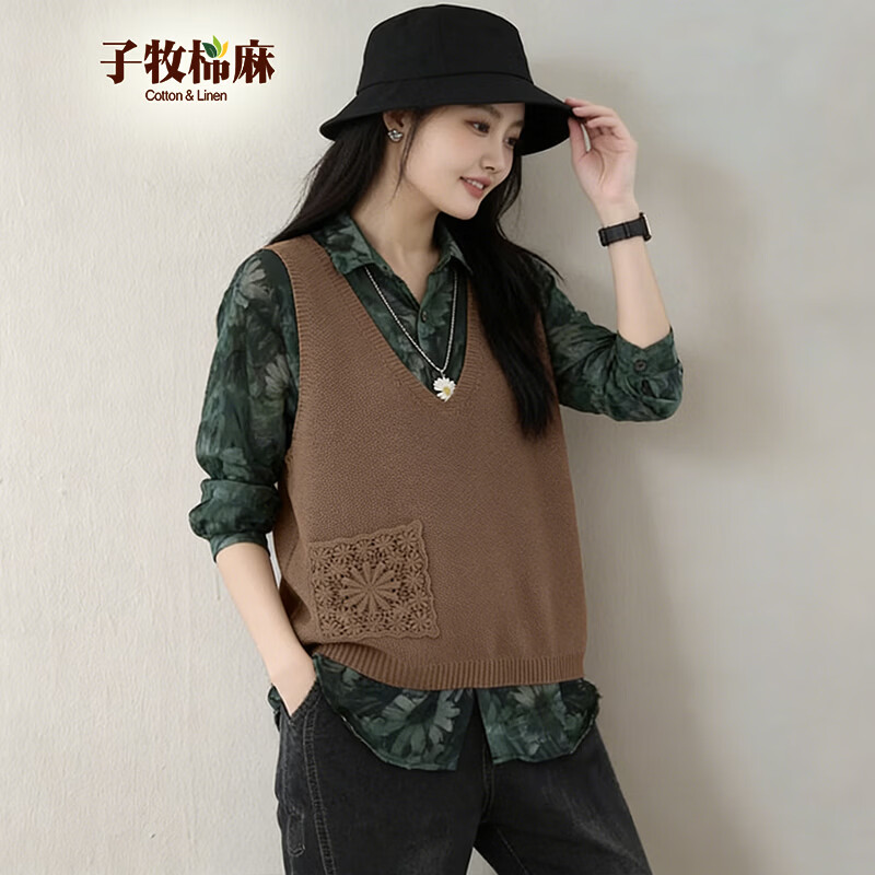 子牧棉麻秋装 女韩版背心外穿V领针织镂空马甲宽松纯色坎夹上衣2312 卡其色 均码 （建议90-145斤）