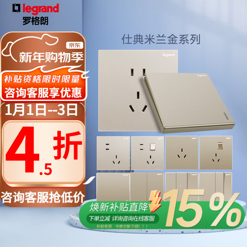 罗格朗 开关插座面板仕典米兰金家用86型五孔带USB墙壁电源暗装多孔插座 仕典米兰金斜五孔10只装 插座 【开关插座清单报价】