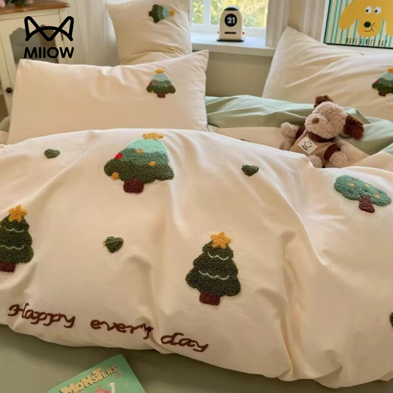 猫人（MiiOW）卡通全棉加厚磨毛床上四件套秋冬纯棉学生宿舍单人被套床单三件套 圣诞心语【全棉亲肤丨柔软舒适】 1.2m 床单款 三件套-150x200cm被套