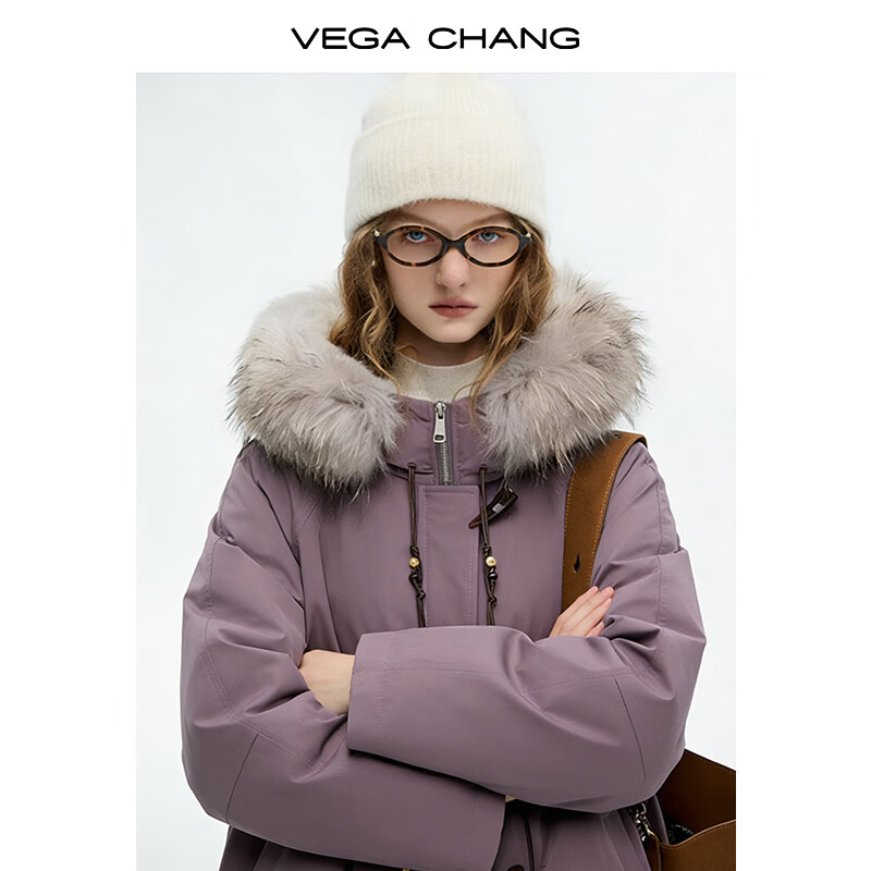 VEGA CHANG罗兰紫绒貉子毛领羽绒服女冬装小个子安心绒派克服外套 清雅紫 S