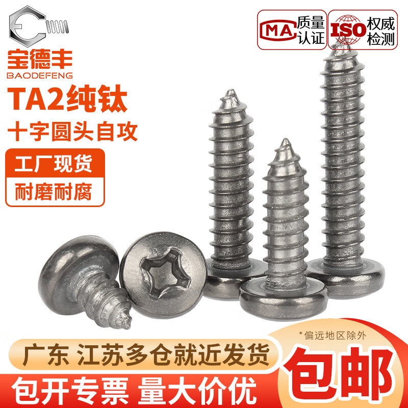 宝德丰国标TA2纯钛圆头十字自攻螺丝钛合金加长盘头电子螺钉M3M4M5M6 M3x6(5只)