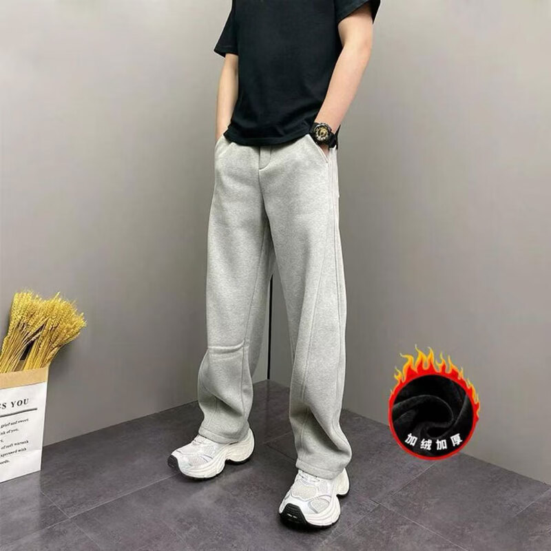 2025新款冬季加绒简约百搭弯刀休闲裤男士宽松显瘦直筒运动裤CLQ 浅灰加绒 2XL （150-170斤）
