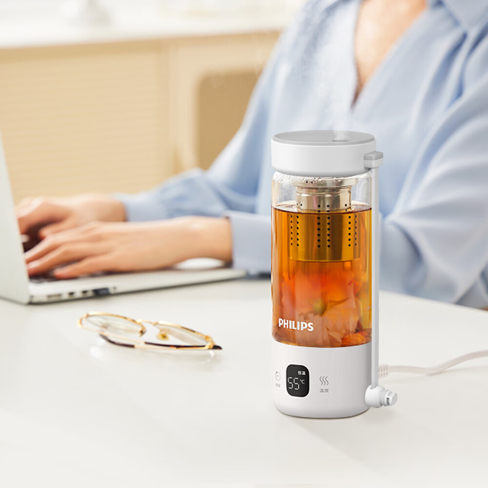 飞利浦（PHILIPS）烧水杯便捷式屏显玻璃养生杯电热水杯居家旅行专用保温杯支持定制 【升级款】养生杯-初雪白400ml
