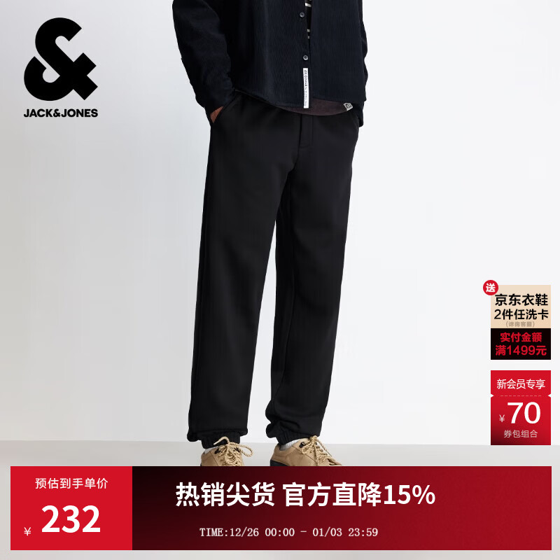 杰克·琼斯（JACK&amp;JONES）男装25年秋冬季加绒裤男士加厚卫裤束脚松紧腰抽绳运动休闲长裤子 E43纯黑色 30 170偏大,建议拍小一码