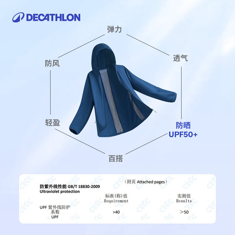 迪卡侬迪卡侬防晒衣男户外跑步衣防风帽衫防晒外套蓝色M-4826158