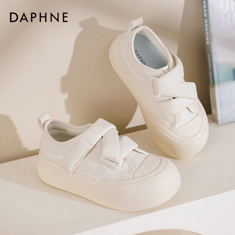 达芙妮厚底小白鞋女2025秋冬新款女鞋软萌大头鞋子女增高百搭板鞋JL 米白色【魔术贴-跟高4cm】 40