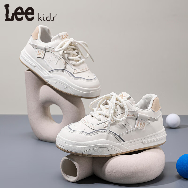 Lee童鞋春季儿童小白鞋百搭休闲鞋女童板鞋男童德训跑步鞋 米卡其   33 【建议脚长200mm】