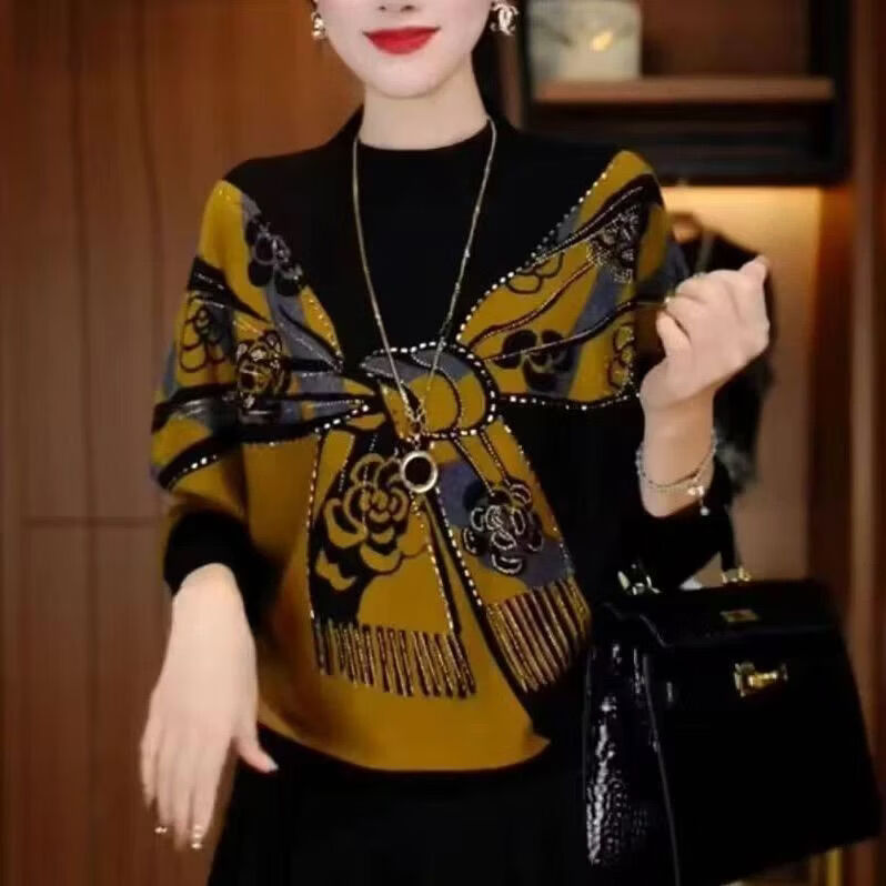 设计款时尚拼色烫钻双面德绒衫女秋冬新款显瘦减龄百搭打底衫 L [120-130斤]