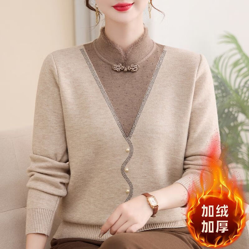 妈妈秋冬国风假两件毛衣一体绒针织打底衫新款女装加绒加厚上衣 【25125】安哥拉红 加绒 XL 建议90-110斤