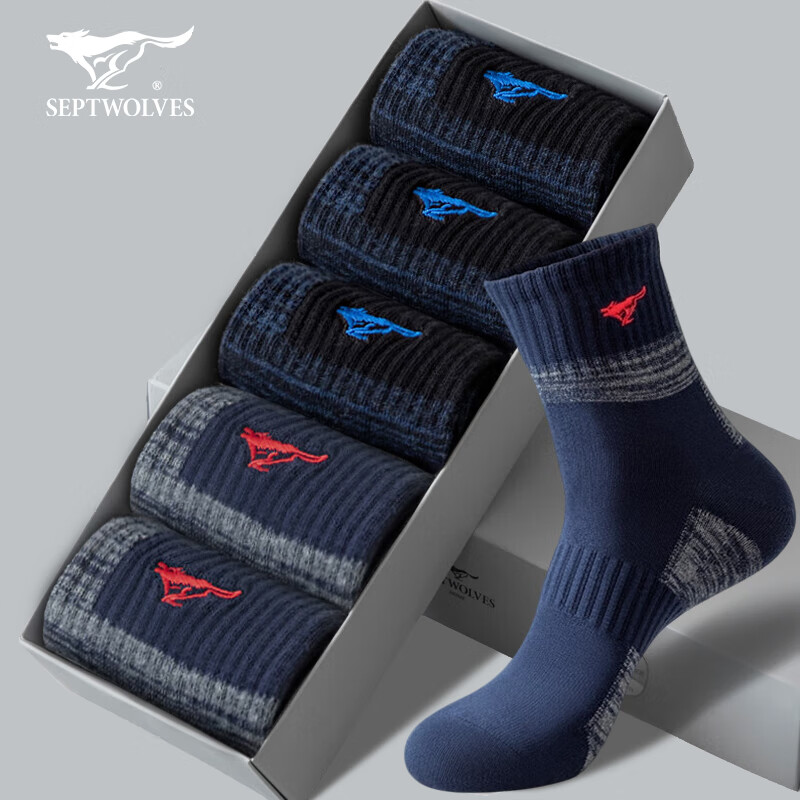 七匹狼袜子男纯棉秋冬季休闲长袜吸汗透气商务袜时尚运动风棉袜 纯棉偏厚款运动袜 混色 5双