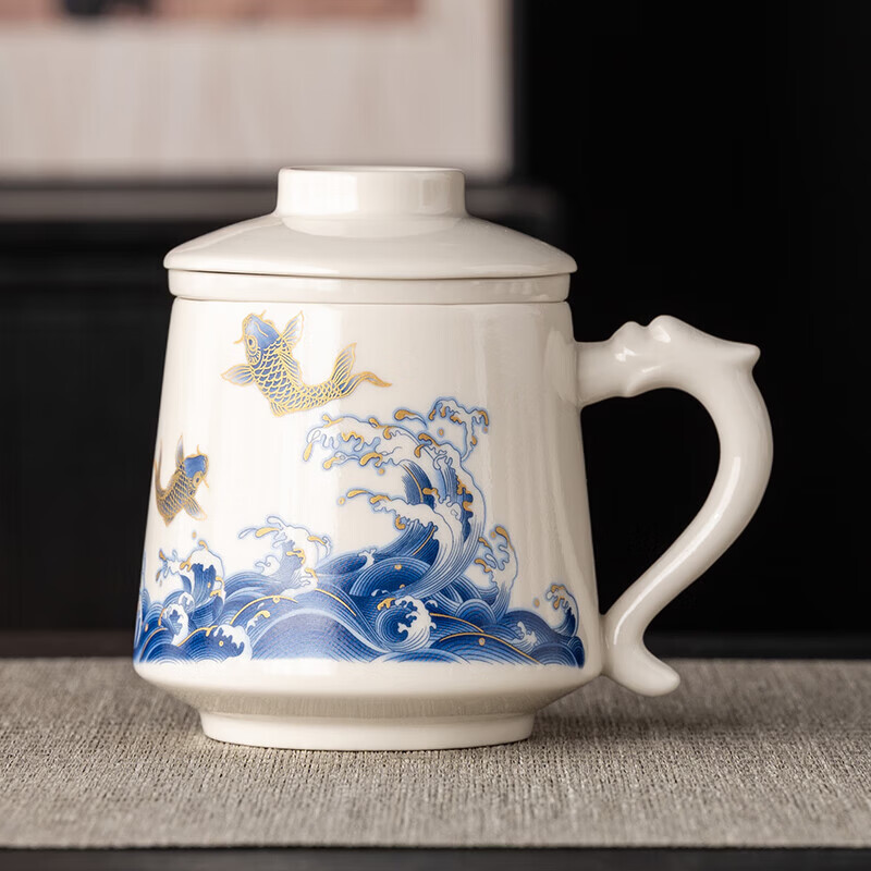 韵化茶杯茶水分离陶瓷个人专用马克水杯高档办公杯公司活动商务伴手礼 草木灰【鱼跃】龙把办公杯三件套