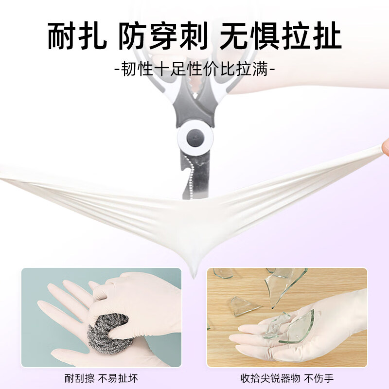 秉秀丁腈手套家务洗碗厨房食品级防水耐用乳胶一次性加长清洁橡胶 加长食品级丁腈1包60只半透白 S